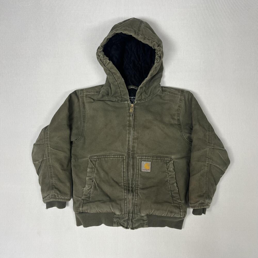 Carhartt Jacket Kids 6 Green Canvas Hooded Quilted Lined Winter Bomber Workwear